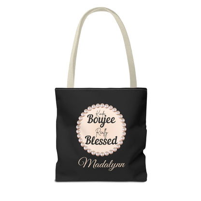 Personalized “Kinda Boujee, Really Blessed” Luxe Tote — Black, Peach Honeycomb & Golden Honeycomb