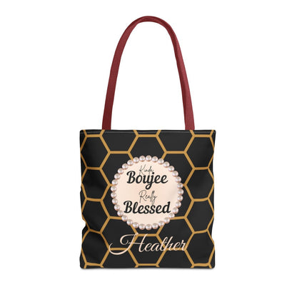 Personalized “Kinda Boujee, Really Blessed” Luxe Tote — Black, Peach Honeycomb & Golden Honeycomb