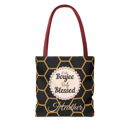 Personalized “Kinda Boujee, Really Blessed” Luxe Tote — Black, Peach Honeycomb & Golden Honeycomb