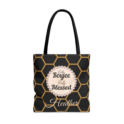 Personalized “Kinda Boujee, Really Blessed” Luxe Tote — Black, Peach Honeycomb & Golden Honeycomb