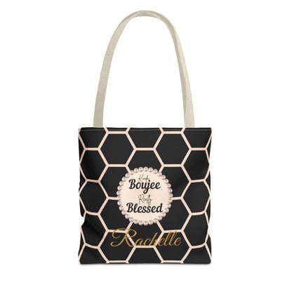 Personalized “Kinda Boujee, Really Blessed” Luxe Tote — Black, Peach Honeycomb & Golden Honeycomb