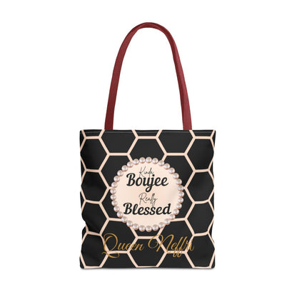 Personalized “Kinda Boujee, Really Blessed” Luxe Tote — Black, Peach Honeycomb & Golden Honeycomb