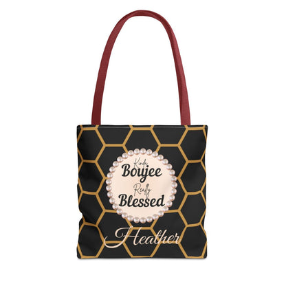 Personalized “Kinda Boujee, Really Blessed” Luxe Tote — Black, Peach Honeycomb & Golden Honeycomb