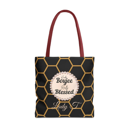 Personalized “Kinda Boujee, Really Blessed” Luxe Tote — Black, Peach Honeycomb & Golden Honeycomb