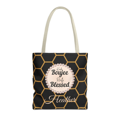 Personalized “Kinda Boujee, Really Blessed” Luxe Tote — Black, Peach Honeycomb & Golden Honeycomb