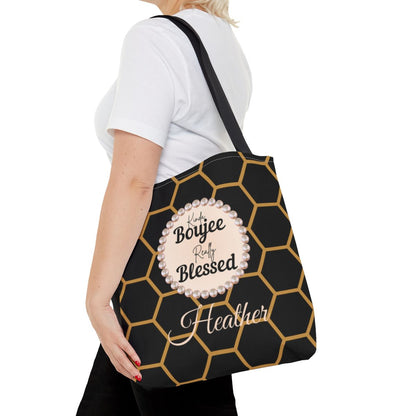 Personalized “Kinda Boujee, Really Blessed” Luxe Tote — Black, Peach Honeycomb & Golden Honeycomb