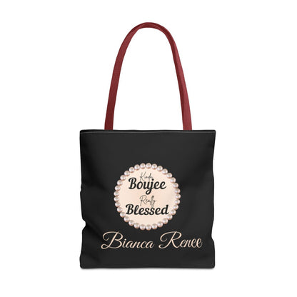 Personalized “Kinda Boujee, Really Blessed” Luxe Tote — Black, Peach Honeycomb & Golden Honeycomb