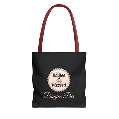 Personalized “Kinda Boujee, Really Blessed” Luxe Tote — Black, Peach Honeycomb & Golden Honeycomb