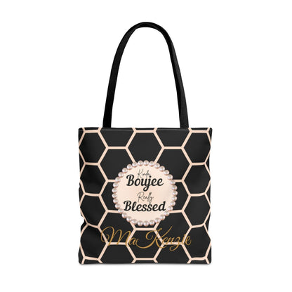 Personalized “Kinda Boujee, Really Blessed” Luxe Tote — Black, Peach Honeycomb & Golden Honeycomb