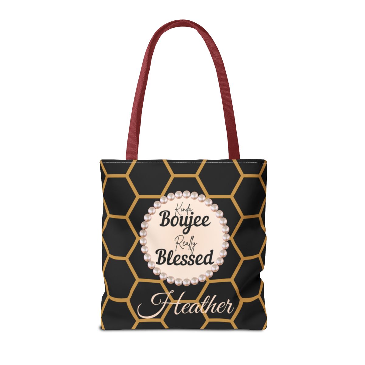 Personalized “Kinda Boujee, Really Blessed” Luxe Tote — Black, Peach Honeycomb & Golden Honeycomb