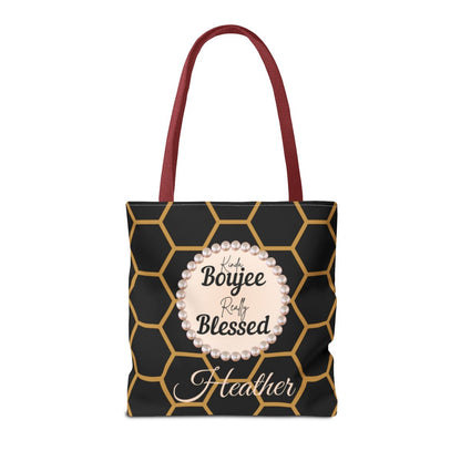 Personalized “Kinda Boujee, Really Blessed” Luxe Tote — Black, Peach Honeycomb & Golden Honeycomb