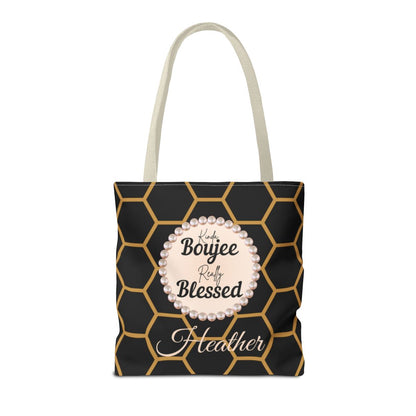 Personalized “Kinda Boujee, Really Blessed” Luxe Tote — Black, Peach Honeycomb & Golden Honeycomb