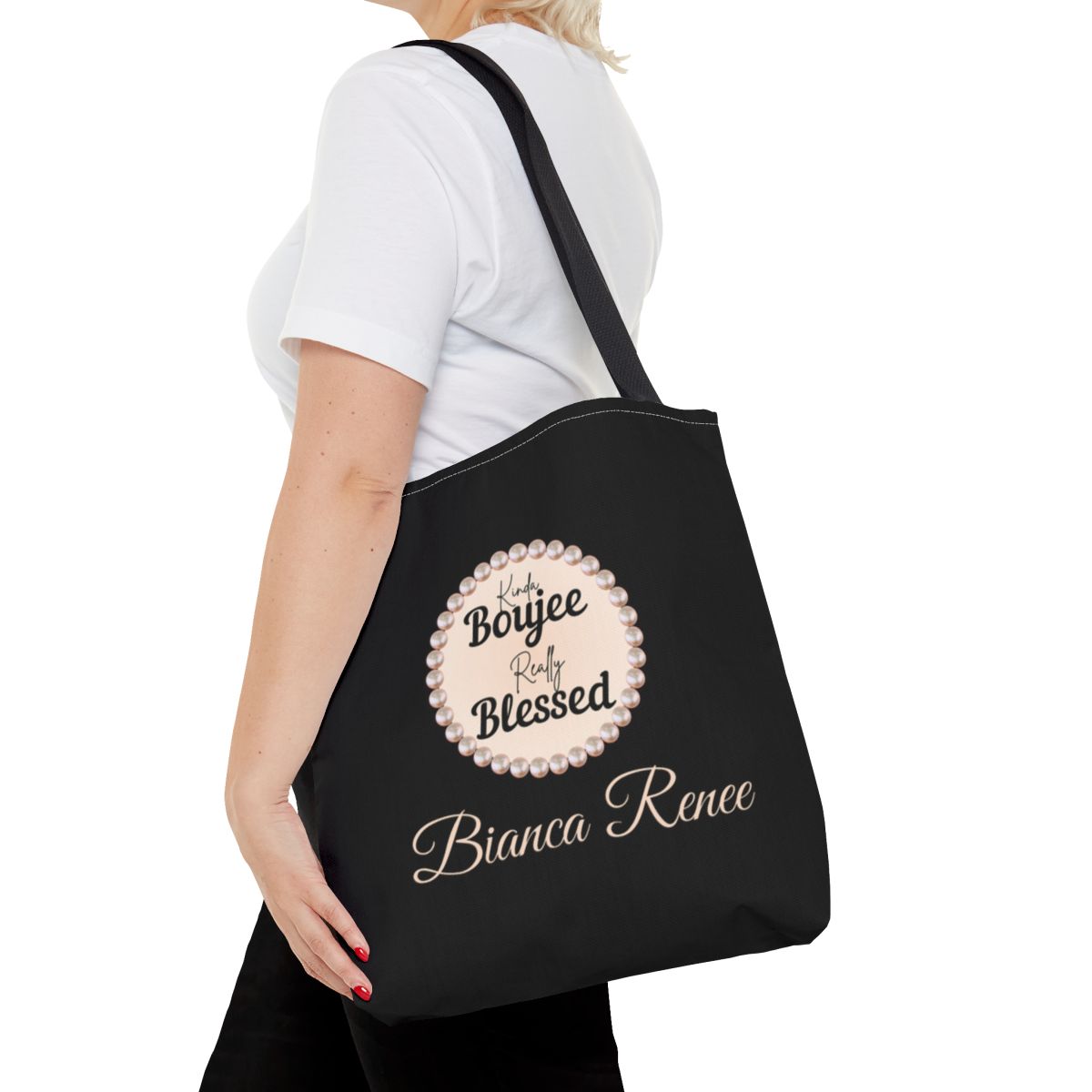 Personalized “Kinda Boujee, Really Blessed” Luxe Tote — Black, Peach Honeycomb & Golden Honeycomb