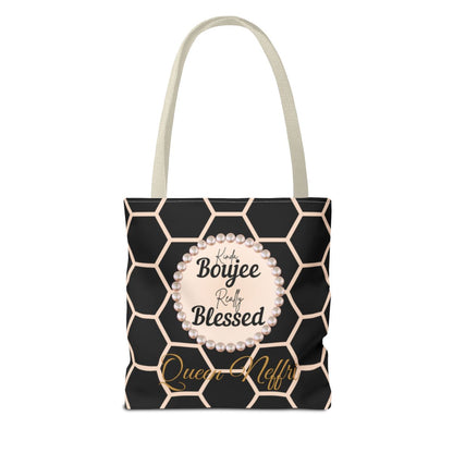 Personalized “Kinda Boujee, Really Blessed” Luxe Tote — Black, Peach Honeycomb & Golden Honeycomb