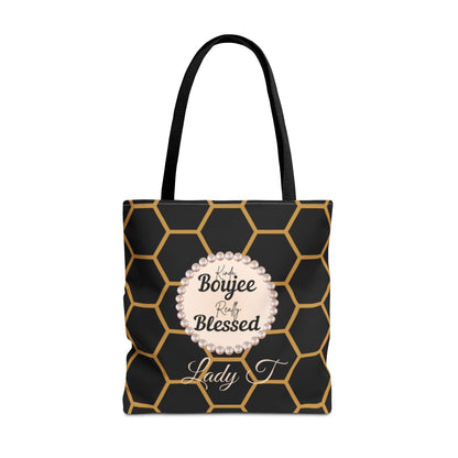 Personalized “Kinda Boujee, Really Blessed” Luxe Tote — Black, Peach Honeycomb & Golden Honeycomb