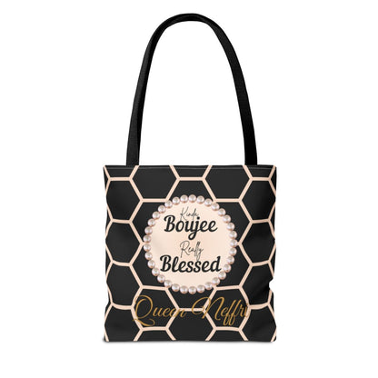 Personalized “Kinda Boujee, Really Blessed” Luxe Tote — Black, Peach Honeycomb & Golden Honeycomb