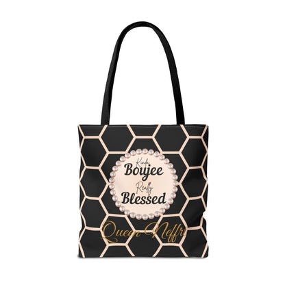 Personalized “Kinda Boujee, Really Blessed” Luxe Tote — Black, Peach Honeycomb & Golden Honeycomb