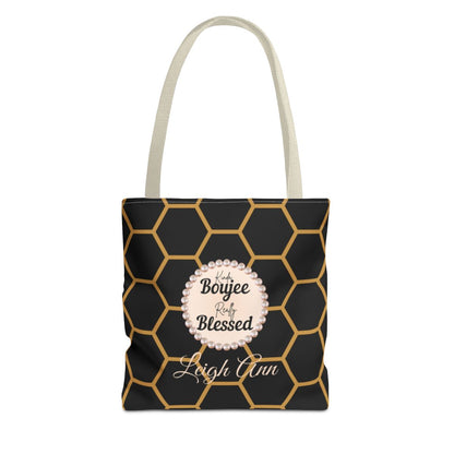 Personalized “Kinda Boujee, Really Blessed” Luxe Tote — Black, Peach Honeycomb & Golden Honeycomb