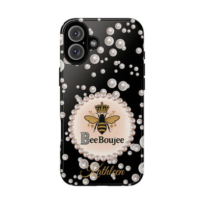 Personalized Bee Boujee Themed Tough iPhone Cases 14/15/16 Plus/Pro/Pro Max (Black and Pearl Emblem)
