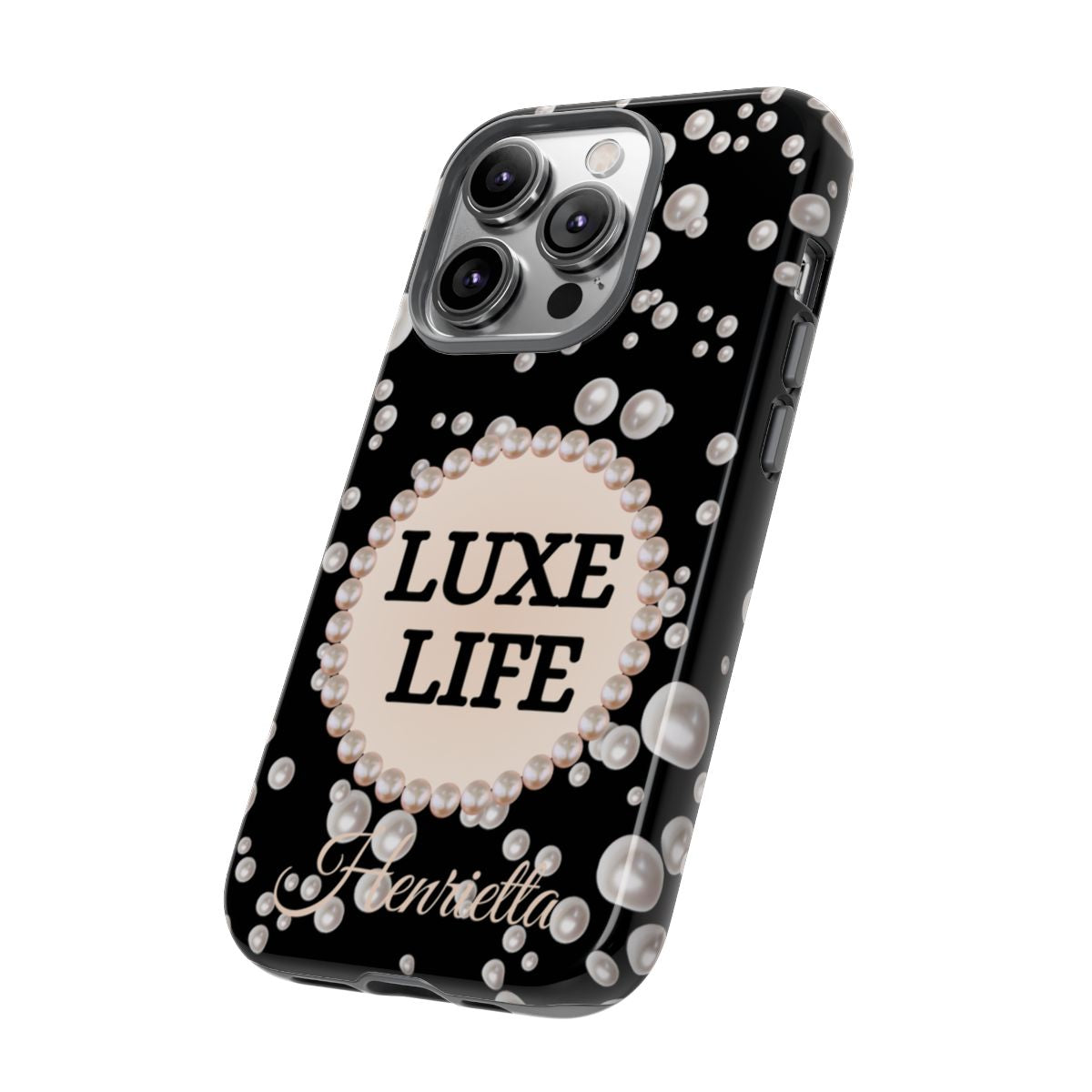 Personalized Luxe Life Themed Tough iPhone Cases 14/15/16 Plus/Pro/Pro Max (Black and Pearl Emblem)