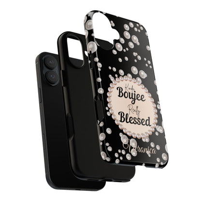Personalized Boujee-Themed Tough iPhone 16 Plus Case (Black and Pearl Emblem)
