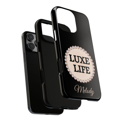 Personalized Luxe Life Themed Tough iPhone Cases 14/15/16 Plus/Pro/Pro Max (Black and Pearl Emblem)