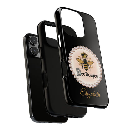Personalized Bee Boujee Themed Tough iPhone Cases 14/15/16 Plus/Pro/Pro Max (Black and Pearl Emblem)