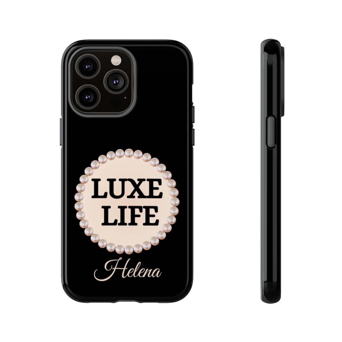 Personalized Luxe Life Themed Tough iPhone Cases 14/15/16 Plus/Pro/Pro Max (Black and Pearl Emblem)