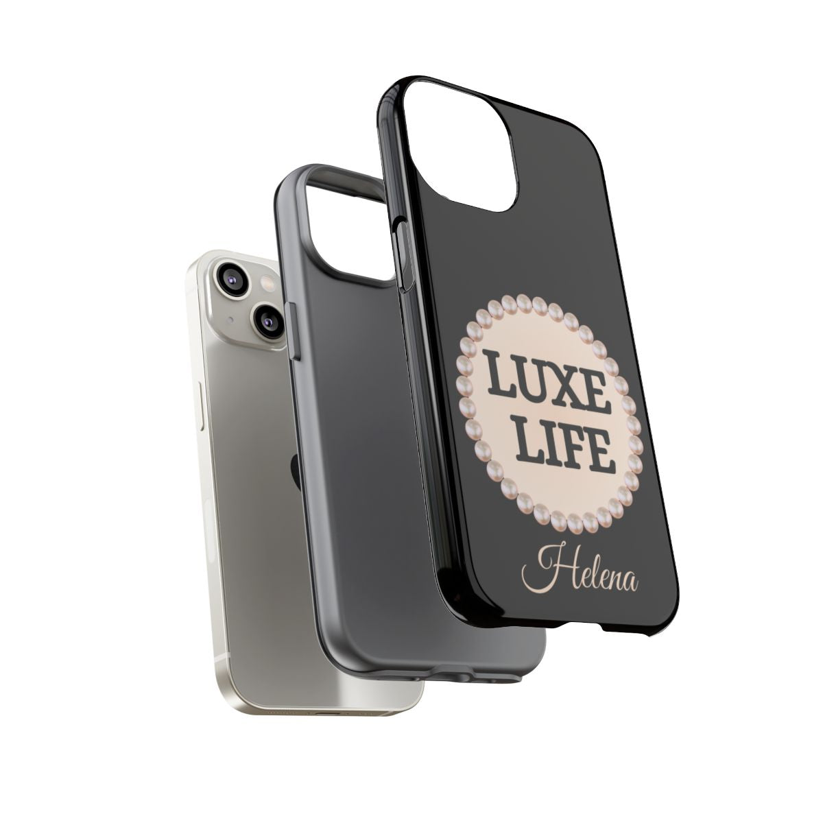 Personalized Luxe Life Themed Tough iPhone Cases 14/15/16 Plus/Pro/Pro Max (Black and Pearl Emblem)