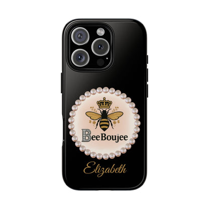 Personalized Bee Boujee Themed Tough iPhone Cases 14/15/16 Plus/Pro/Pro Max (Black and Pearl Emblem)