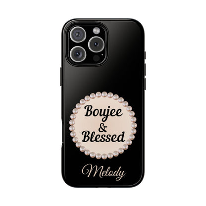 Personalized Boujee & Blessed Themed Tough iPhone Cases 14/15/16 Plus/Pro/Pro Max (Black and Pearl Emblem)