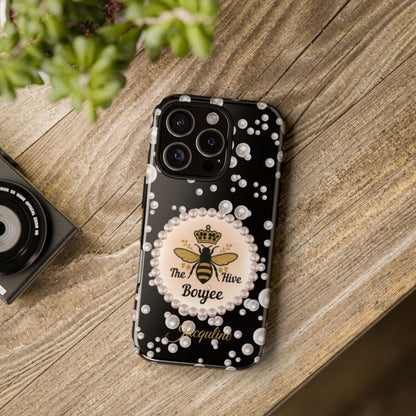 Personalized Boujee-Themed Tough iPhone 16 Pro Case (Black and Pearl Emblem)