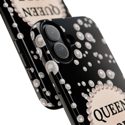 Personalized Boujee-Themed Tough iPhone 16 Plus Case (Black and Pearl Emblem)
