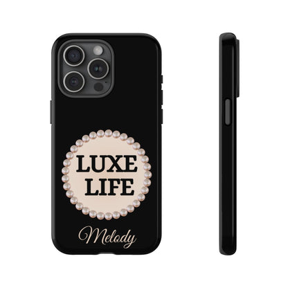 Personalized Luxe Life Themed Tough iPhone Cases 14/15/16 Plus/Pro/Pro Max (Black and Pearl Emblem)