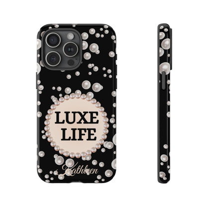 Personalized Luxe Life Themed Tough iPhone Cases 14/15/16 Plus/Pro/Pro Max (Black and Pearl Emblem)