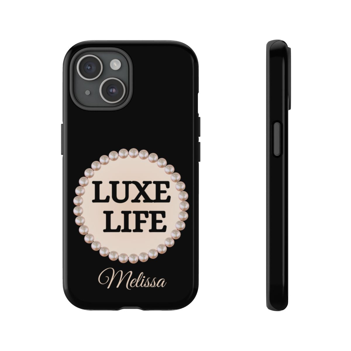 Personalized Luxe Life Themed Tough iPhone Cases 14/15/16 Plus/Pro/Pro Max (Black and Pearl Emblem)