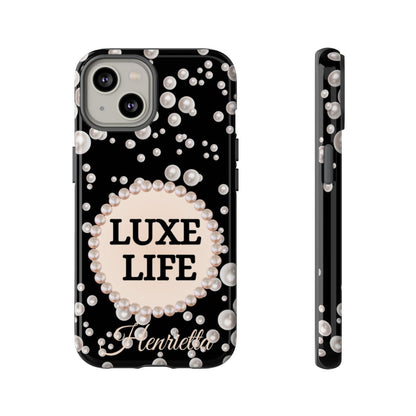 Personalized Luxe Life Themed Tough iPhone Cases 14/15/16 Plus/Pro/Pro Max (Black and Pearl Emblem)