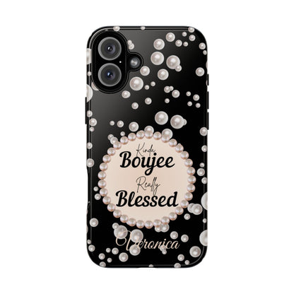 Personalized Boujee-Themed Tough iPhone 16 Plus Case (Black and Pearl Emblem)