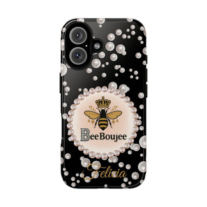 Personalized Bee Boujee Themed Tough iPhone Cases 14/15/16 Plus/Pro/Pro Max (Black and Pearl Emblem)