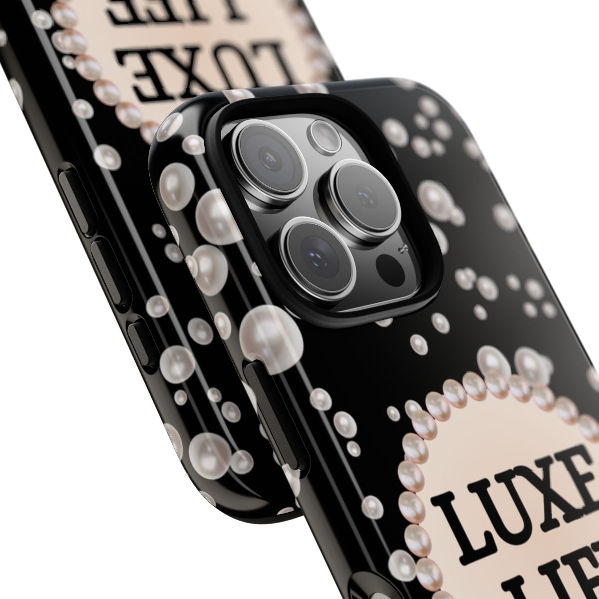 Personalized Boujee-Themed Tough iPhone 16 Pro Case (Black and Pearl Emblem)