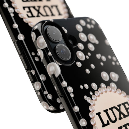 Personalized Boujee-Themed Tough iPhone 16 Plus Case (Black and Pearl Emblem)
