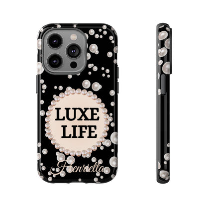 Personalized Luxe Life Themed Tough iPhone Cases 14/15/16 Plus/Pro/Pro Max (Black and Pearl Emblem)