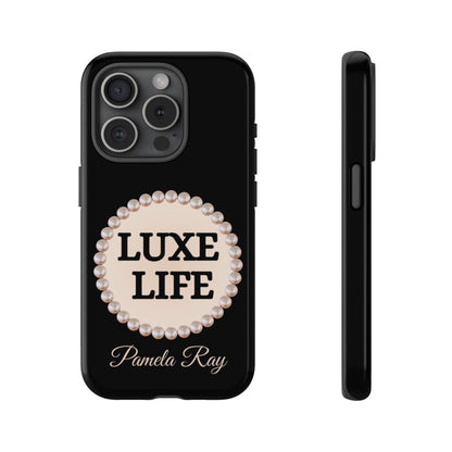 Personalized Luxe Life Themed Tough iPhone Cases 14/15/16 Plus/Pro/Pro Max (Black and Pearl Emblem)