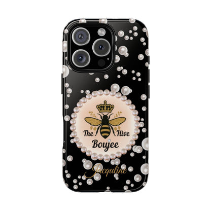 Personalized Boujee-Themed Tough iPhone 16 Pro Case (Black and Pearl Emblem)