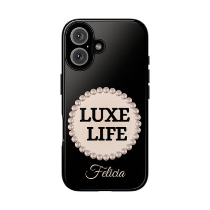 Personalized Luxe Life Themed Tough iPhone Cases 14/15/16 Plus/Pro/Pro Max (Black and Pearl Emblem)