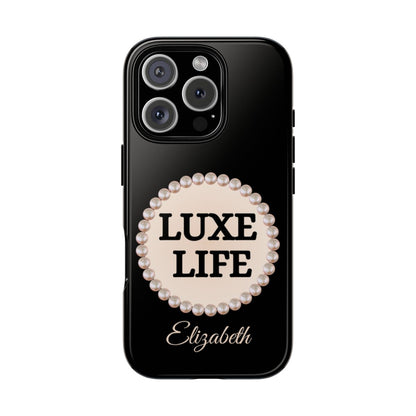 Personalized Luxe Life Themed Tough iPhone Cases 14/15/16 Plus/Pro/Pro Max (Black and Pearl Emblem)