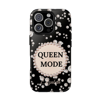 Personalized Queen Mode Themed Tough iPhone Cases 14/15/16 Plus/Pro/Pro Max (Black and Pearl Emblem)