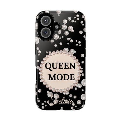 Personalized Queen Mode Themed Tough iPhone Cases 14/15/16 Plus/Pro/Pro Max (Black and Pearl Emblem)