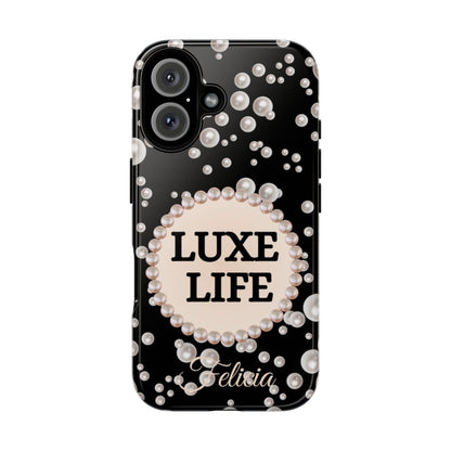 Personalized Luxe Life Themed Tough iPhone Cases 14/15/16 Plus/Pro/Pro Max (Black and Pearl Emblem)