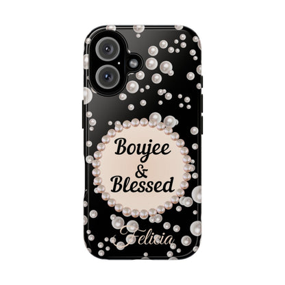 Personalized Boujee & Blessed Themed Tough iPhone Cases 14/15/16 Plus/Pro/Pro Max (Black and Pearl Emblem)